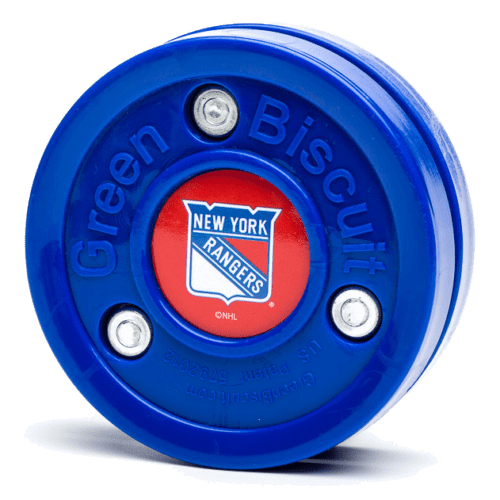 Green Biscuit NHL teknikpuck med New York Rangers logotyp, idealisk för off-ice träning av puckhantering.