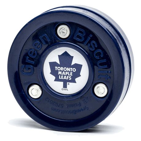Green Biscuit NHL teknikpuck i blått med Toronto Maple Leafs logotyp, perfekt för träning på hårda ytor.