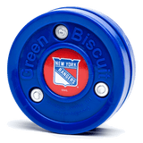 Green Biscuit NHL teknikpuck med New York Rangers logotyp, idealisk för off-ice träning av puckhantering.