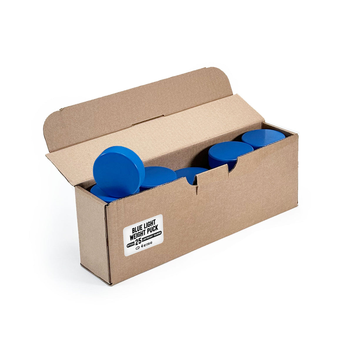 Lättvikt hockeypuck i blå, 25-pack, perfekt för teknikträning och skottstyrka för unga spelare.