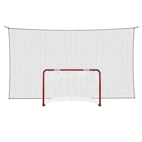 Hockeymål med slitstarkt skyddsnät i nylon, designat för att stå emot kraftiga skott. Mått: 5x2,5 m.
