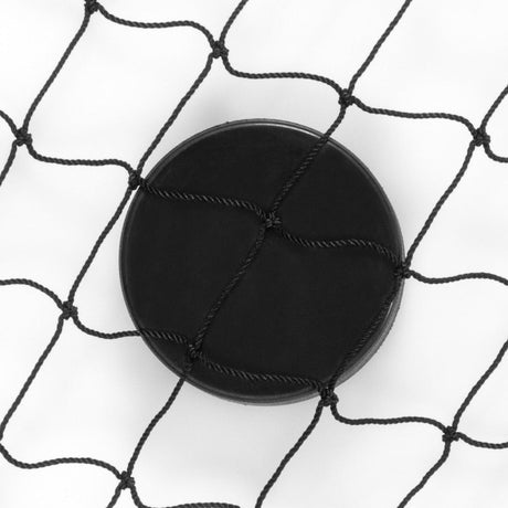 Hockeypuck som ligger i ett skyddsnät, perfekt för träning med hockeymål 5x2,5 m i högkvalitativt nylon.