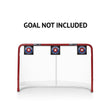 Extreme hockey shooting targets displayed on a goal frame, enhancing accuracy training. Note: goal not included.