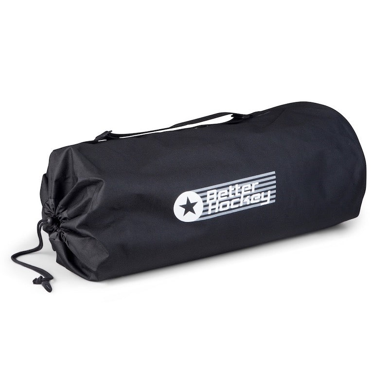 Black carrying bag for Better Hockey slide board, featuring a white logo and drawstring closure for easy transport.