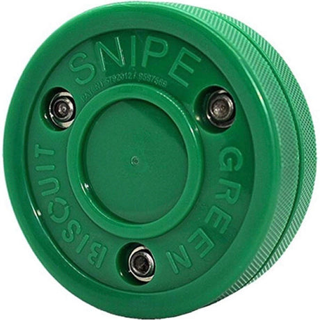 Green Biscuit Snipe hockey puck with reinforced rivets designed for smooth surfaces, offering an authentic ice hockey puck feel.