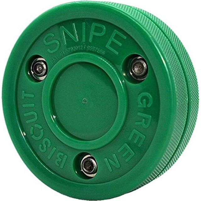 Green Biscuit Snipe hockey puck with reinforced rivets designed for smooth surfaces, offering an authentic ice hockey puck feel.