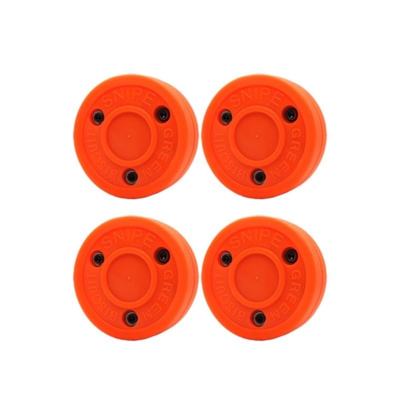 Fyrpack Green Biscuit Snipe orange puck, perfekta för klubbteknik hockey övningar på släta ytor.