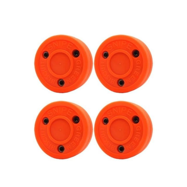 Fyrpack Green Biscuit Snipe orange puck, perfekta för klubbteknik hockey övningar på släta ytor.